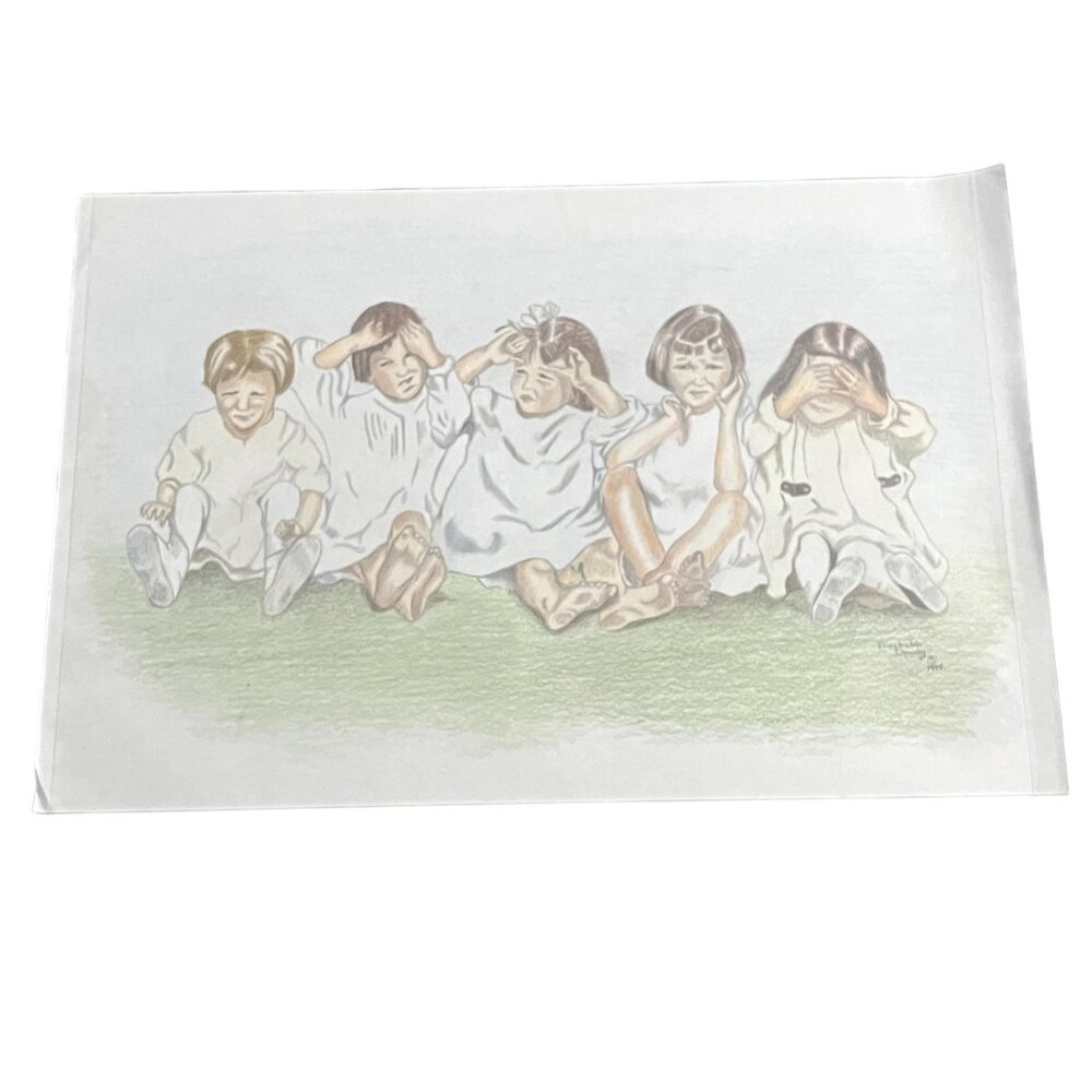 5 Little Girls Brown Hair Colored Pencil on Paper Drawing Elizabeth Dowdy 1994 P